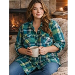 Catos 3X $35 Green Blue Plaid 100% Cotton Long Sleeve Roll Tab Button Up Tunic